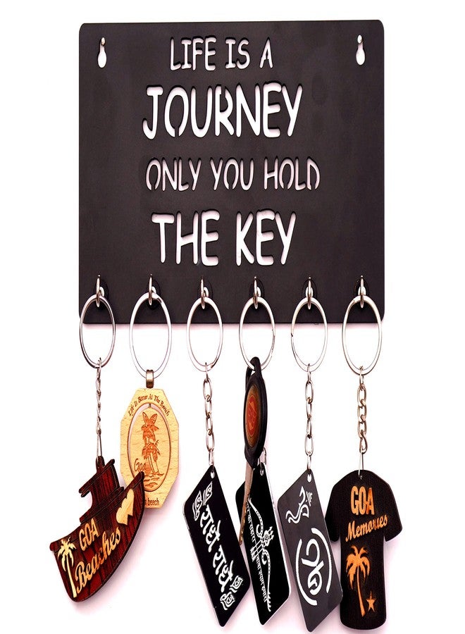9br Wooden Key Holder for Home Wall Stylish || Key Stand || Mobile Holder for Wall || Key Hanger || Key Chain Holders for Wall (6 Hooks, MDF, Hold The Key) (Black) - Image 1