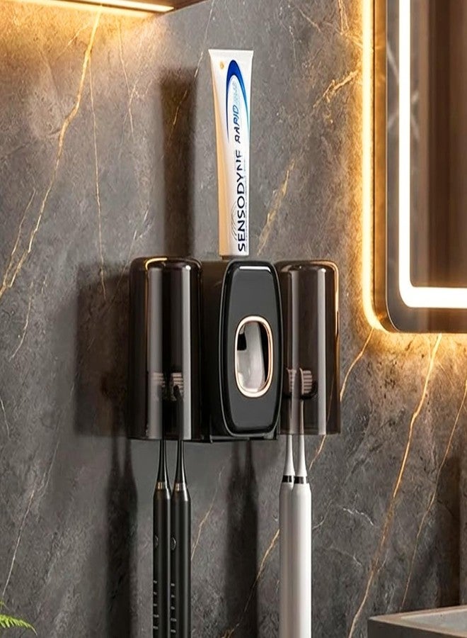 COMFYHOME Tooth Brush Holder Bathroom, Automatic Toothpaste Dispenser, Self Adhesive Brush Stand for Bathroom Wall, Toothbrush Organizer with 2 Mouthwash Cups, 4 Slots Wall Mount Toothbrush Holders - Image 1