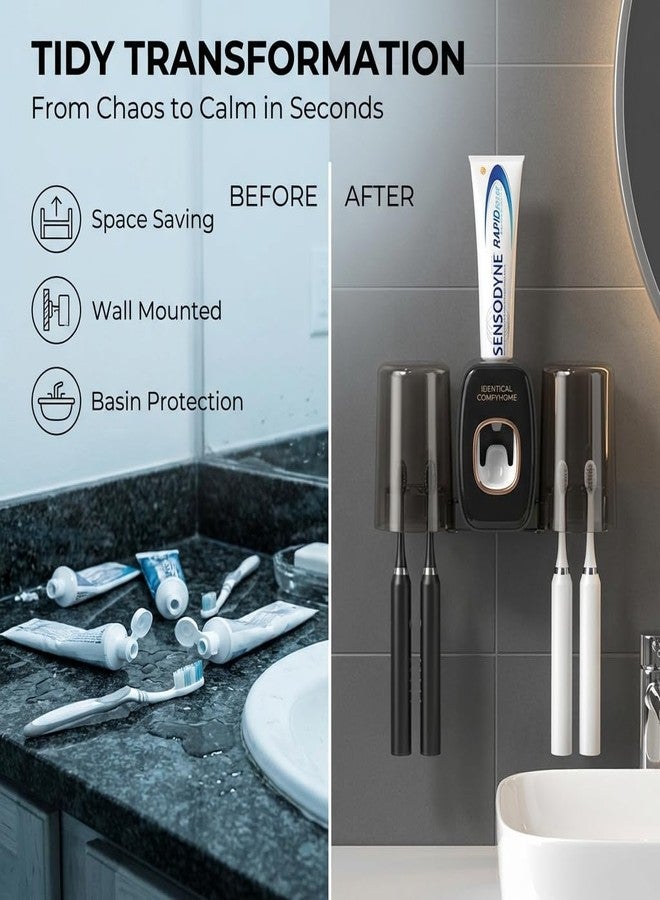 COMFYHOME Tooth Brush Holder Bathroom, Automatic Toothpaste Dispenser, Self Adhesive Brush Stand for Bathroom Wall, Toothbrush Organizer with 2 Mouthwash Cups, 4 Slots Wall Mount Toothbrush Holders - Image 5
