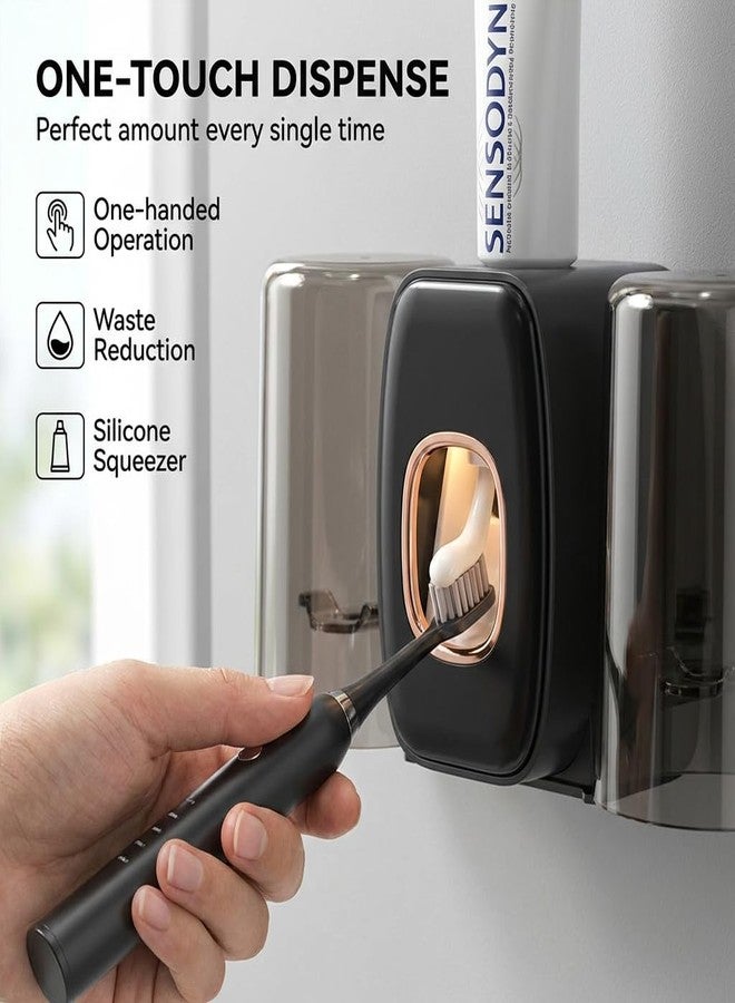 COMFYHOME Tooth Brush Holder Bathroom, Automatic Toothpaste Dispenser, Self Adhesive Brush Stand for Bathroom Wall, Toothbrush Organizer with 2 Mouthwash Cups, 4 Slots Wall Mount Toothbrush Holders - Image 3