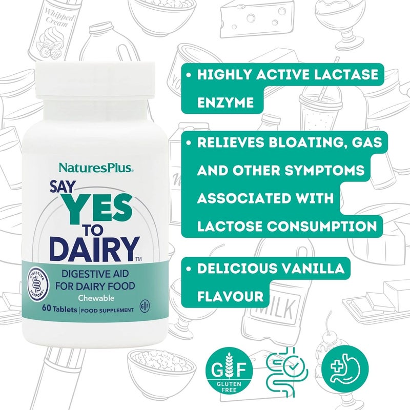 Natures Plus NaturesPlus Say Yes to Dairy Natural Lactase Enzyme Supplement High Strength Lactose Intolerance Relief Gluten Free Vegan 60 Chewable Tablets - Image 4