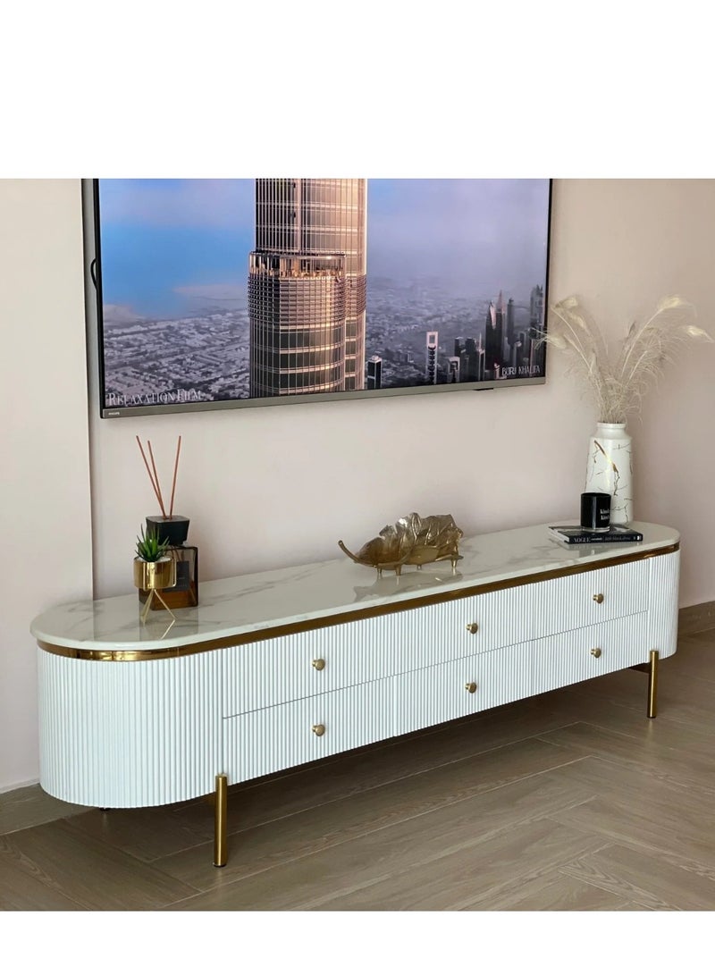 Wooden Twist Italian Modern TV Cabinet with Marble Top TV with 6 Storage Drawers Entertainment Unit for Living Room  - Image 3