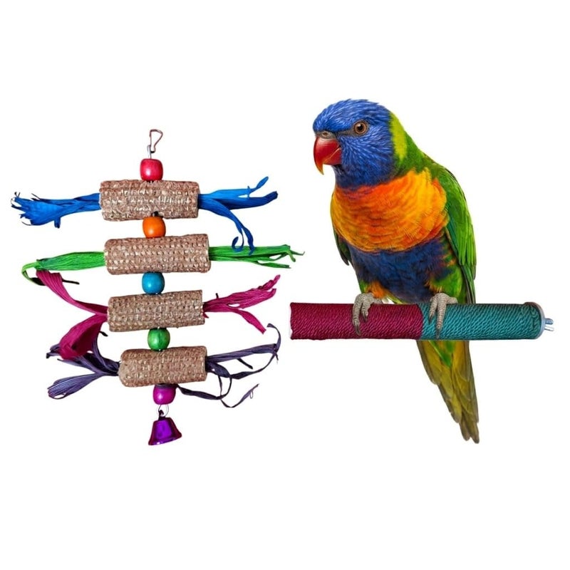 2pcs Parrots Accessories Set Toys for Bird Cage (Rope Bird perch 20 CM L - Corncob Bird Toys 25 CM HI)