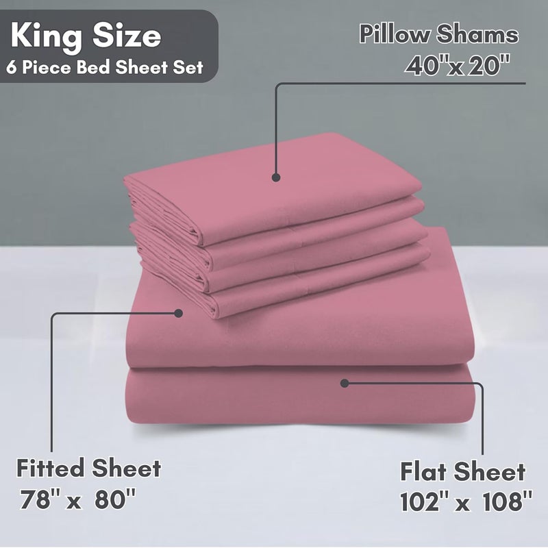 FOAM CRAFT Luxury Quality 6 Piece Bed Sheet Set - King Size, 100% Cotton, Pink - Image 2