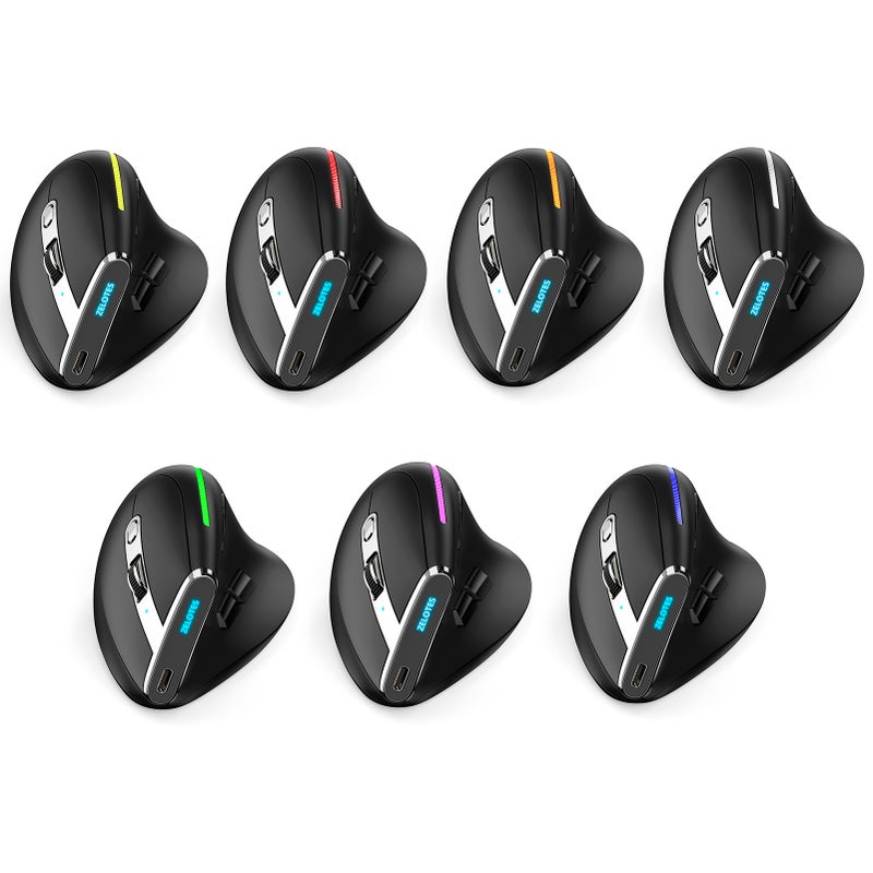 ZELOTES F-36 لاسلكي عمودي 2.4G بلوتوث بإضاءة ملونة كاملة 8 مفاتيح للبرمجة خمسة مستويات DPI ألعاب بطارية ليثيوم 730mAh مدمس أسود - Image 5