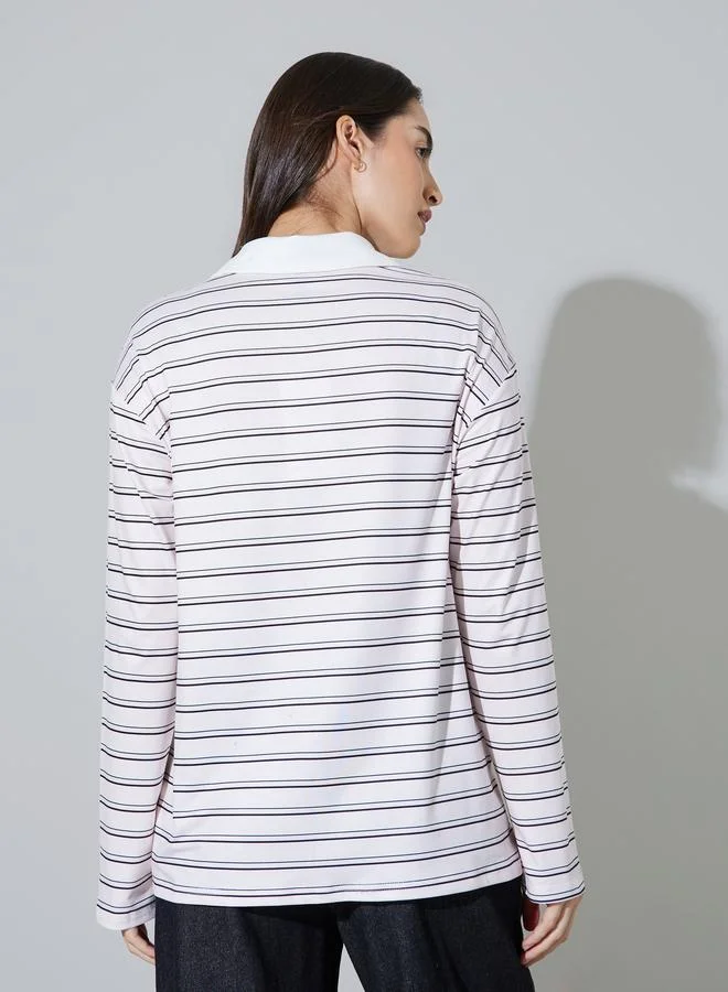 Styli  Multi-Color Striped Polo Neck Oversize T-shirt for Women | Best Price UAE