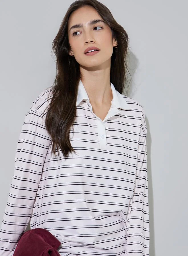 Multi-Color Striped Polo Neck Oversize T-shirt