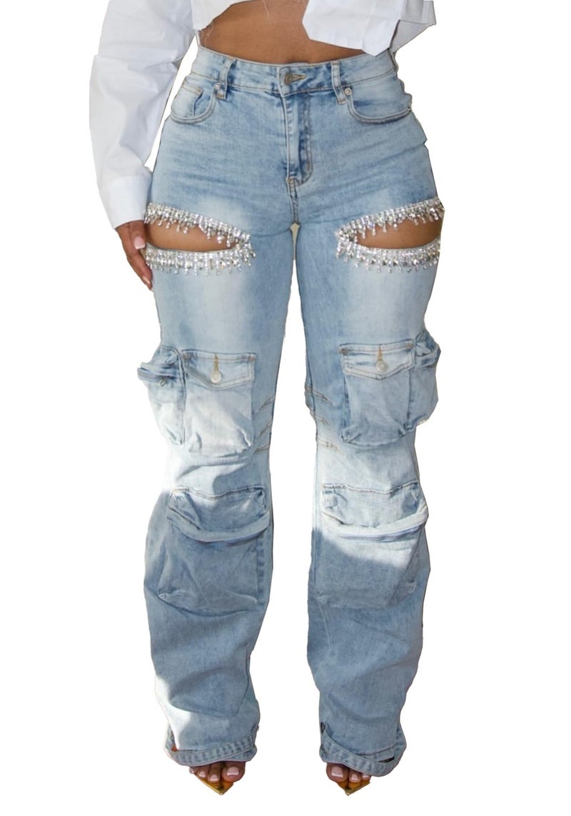 Unybwonn Women High Waisted Cargo Jeans Rhinestone Trim Bling Cut Out Denim Pants Distressed Stretchy Flap Pockets Jean Blue - Image 1
