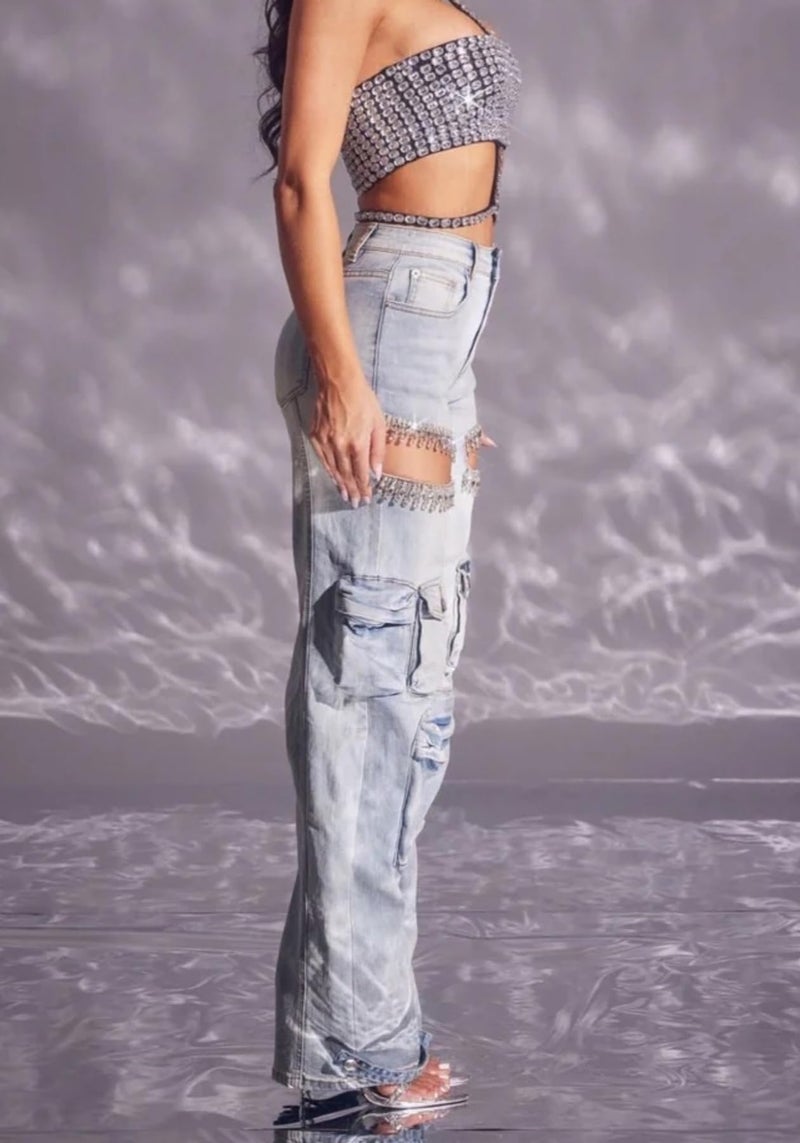 Unybwonn Women High Waisted Cargo Jeans Rhinestone Trim Bling Cut Out Denim Pants Distressed Stretchy Flap Pockets Jean Blue - Image 5