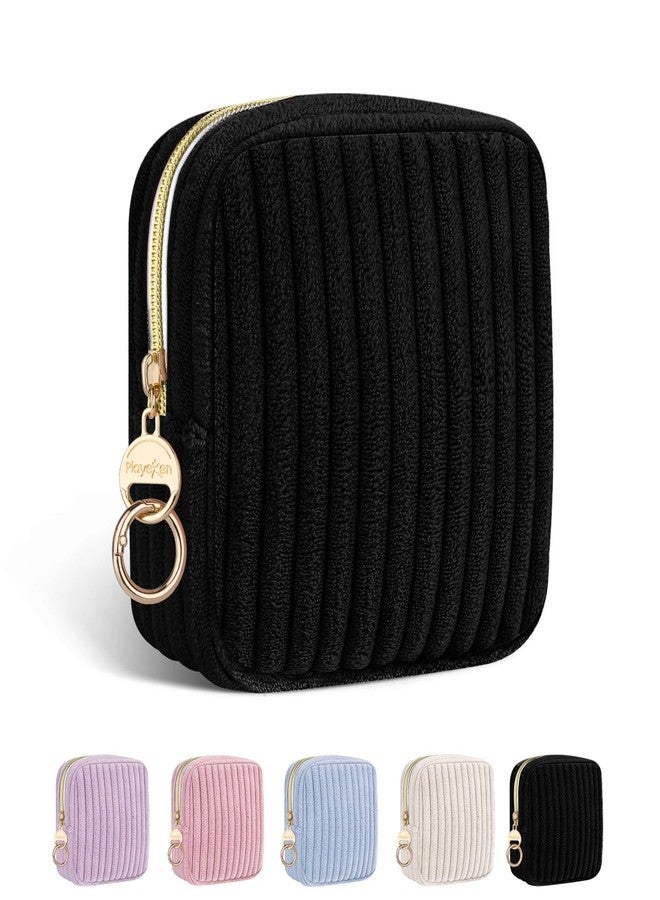 Playexen Period Bag for Teen Girls, Corduroy Sanitary Napkin Storage Bag, Fluffy Menstrual Pad PouchTampon Holder for Purse (Black - Image 1