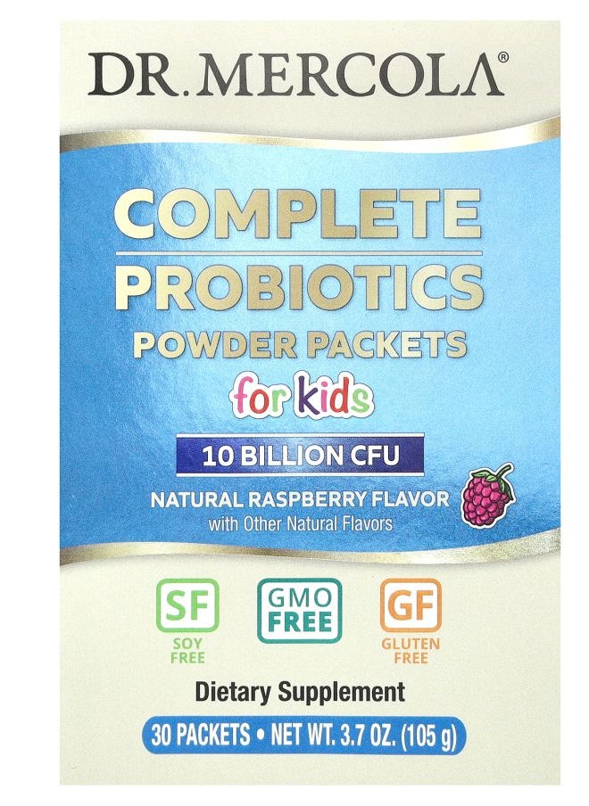 Dr. Mercola - Complete Probiotics Powder Packets for Kids Natural Raspberry  10 Billion CFU 30 Packets 0.12 oz (3.5 g) Each - Image 1