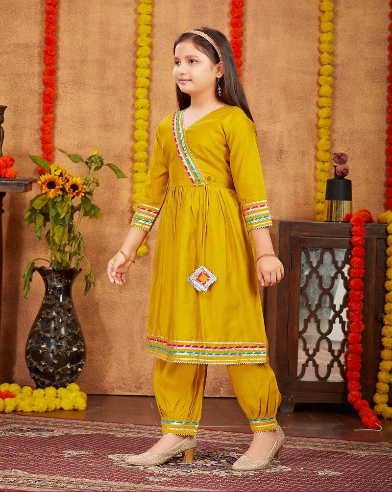 aarikka Aarika Girls Ethnic Wear Yellow Colour Solid With Gota Lace Work Silk Kurti Patiala Set-(10-15 Years)-(PT-K-829-YELLOW-38) - Image 2