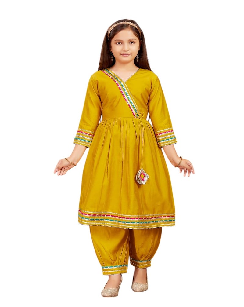 aarikka Aarika Girls Ethnic Wear Yellow Colour Solid With Gota Lace Work Silk Kurti Patiala Set-(10-15 Years)-(PT-K-829-YELLOW-38) - Image 1