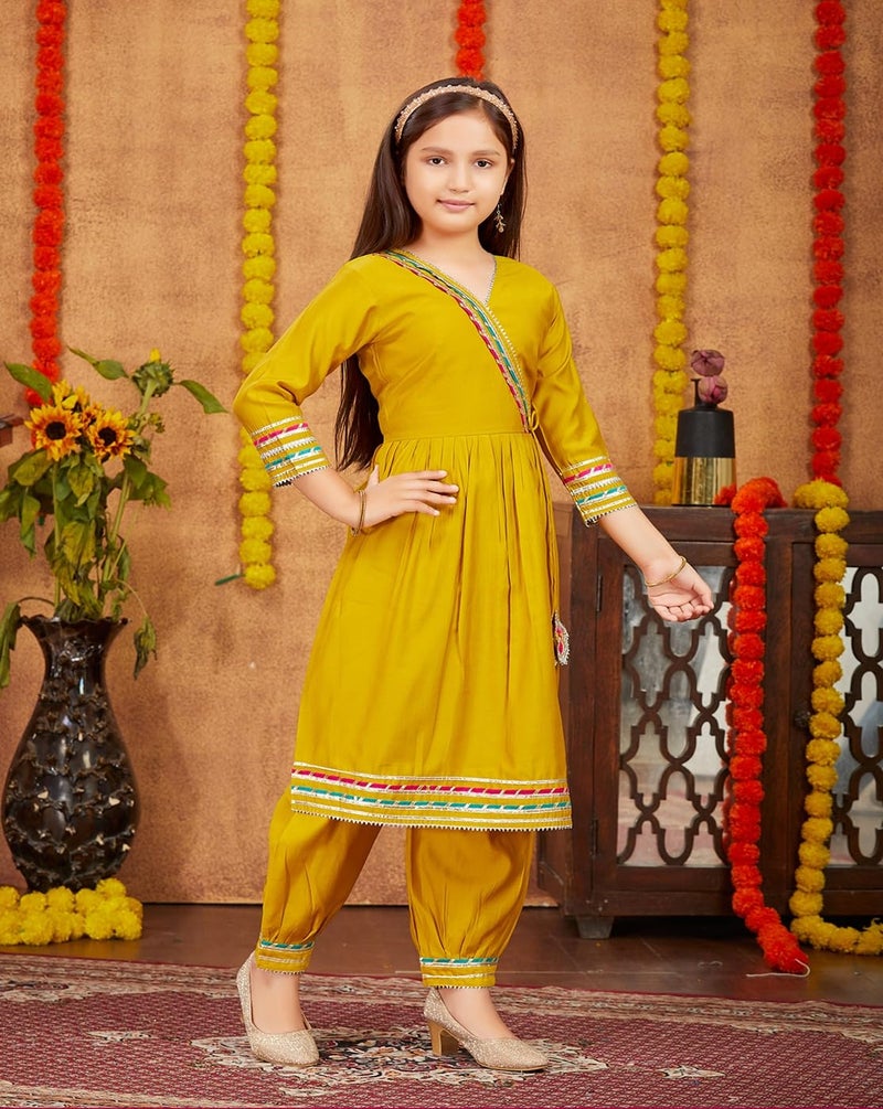 aarikka Aarika Girls Ethnic Wear Yellow Colour Solid With Gota Lace Work Silk Kurti Patiala Set-(10-15 Years)-(PT-K-829-YELLOW-38) - Image 3
