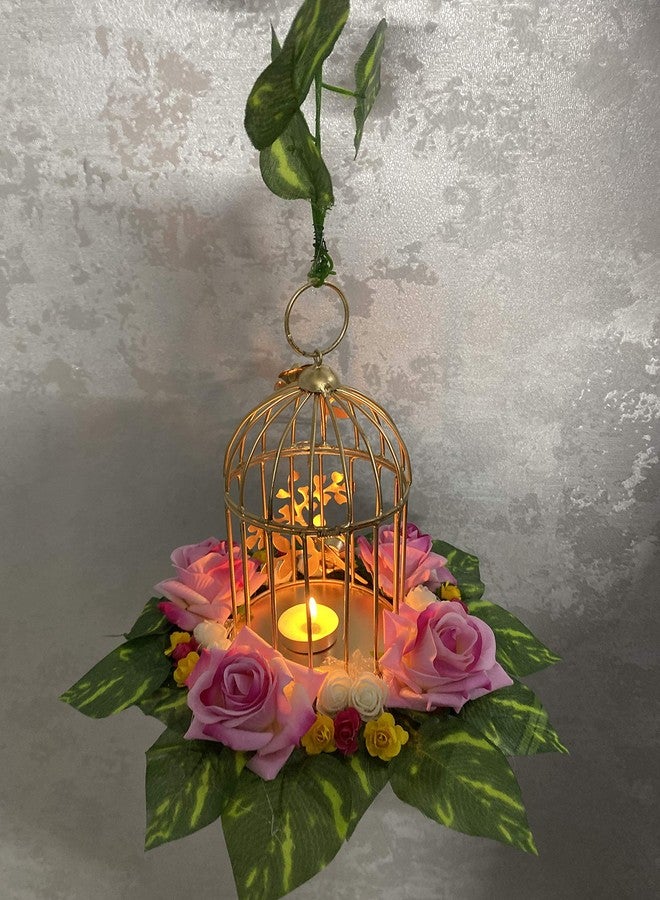 AGAAS ENTERPRISES Big Size Gold Colour Metal Tealight Candle Holder with Rose Flower Decorated with Hanging for Home and Garden Decor Diwali Decoration Wedding Decor - Image 3