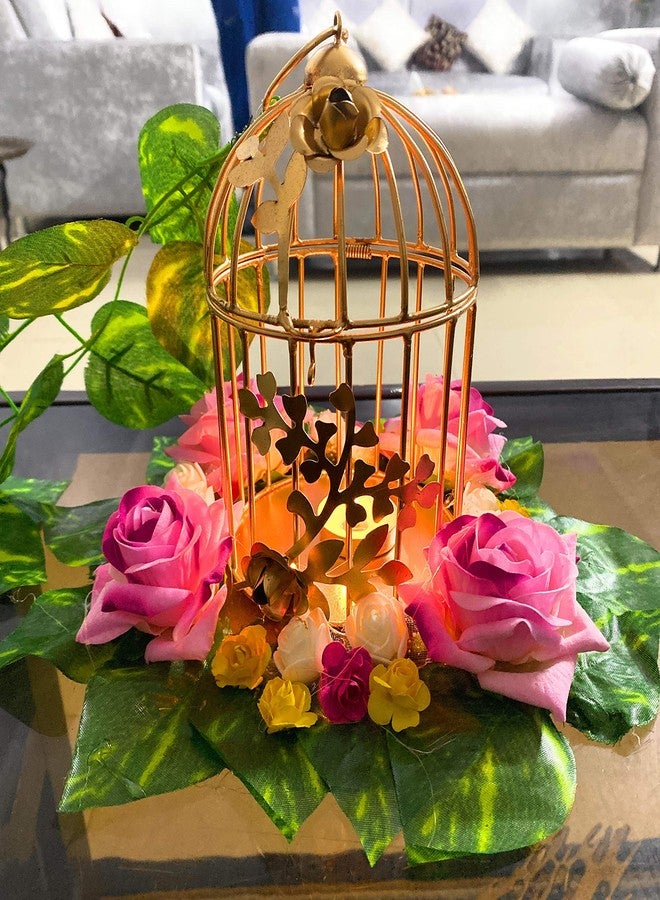 AGAAS ENTERPRISES Big Size Gold Colour Metal Tealight Candle Holder with Rose Flower Decorated with Hanging for Home and Garden Decor Diwali Decoration Wedding Decor - Image 4