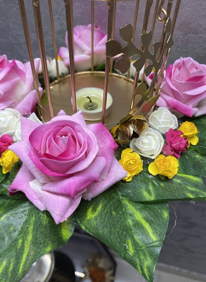 AGAAS ENTERPRISES Big Size Gold Colour Metal Tealight Candle Holder with Rose Flower Decorated with Hanging for Home and Garden Decor Diwali Decoration Wedding Decor - Image 2