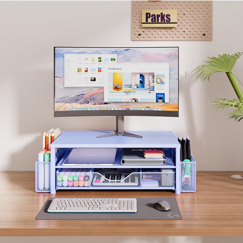 OPNICE Desk Organizers and Accessories, 2-Tier Computer Monitor Stand Riser with Drawer and 2 Pen Holders, Laptop Stand, Office Desk Accessories for Office Supplies, Blue - Image 2