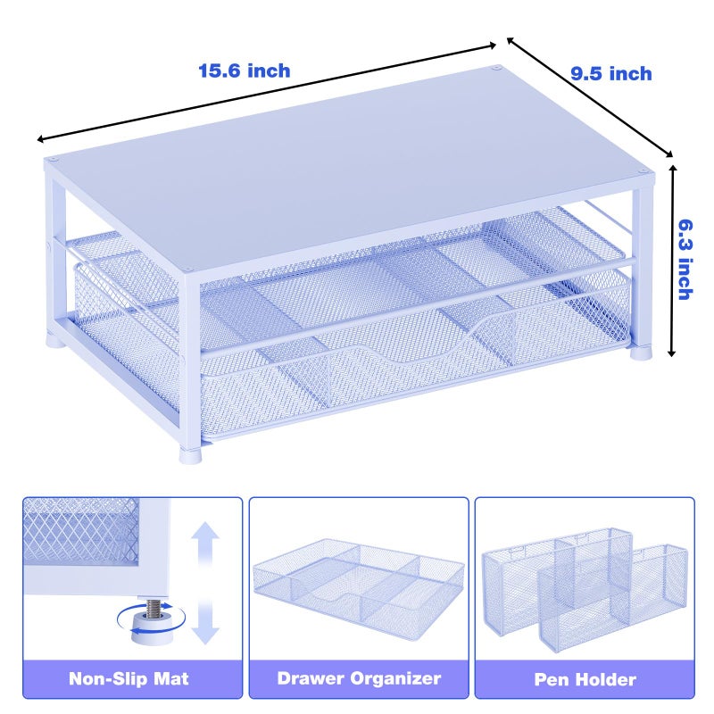 OPNICE Desk Organizers and Accessories, 2-Tier Computer Monitor Stand Riser with Drawer and 2 Pen Holders, Laptop Stand, Office Desk Accessories for Office Supplies, Blue - Image 3