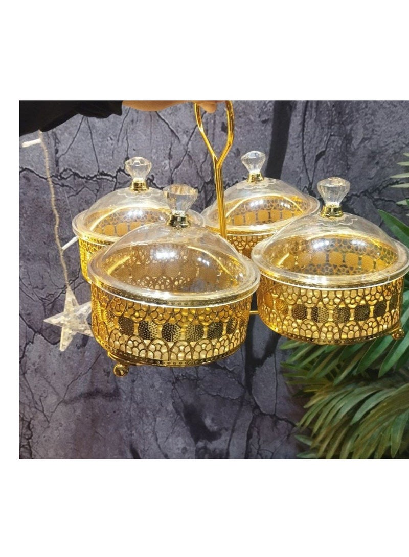 A very chic gold snack and sweets carrier for serving to your family and guests, with an acrylic cover and a crystal handle. A high-quality imported product.