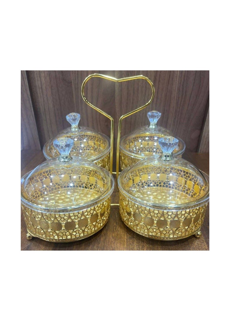 A very chic gold snack and sweets carrier for serving to your family and guests, with an acrylic cover and a crystal handle. A high-quality imported product.