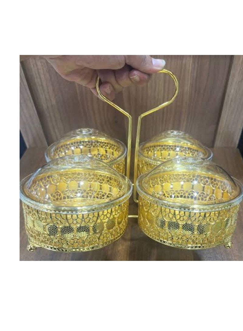 A very chic gold snack and sweets carrier for serving to your family and guests, with an acrylic cover and a crystal handle. A high-quality imported product.