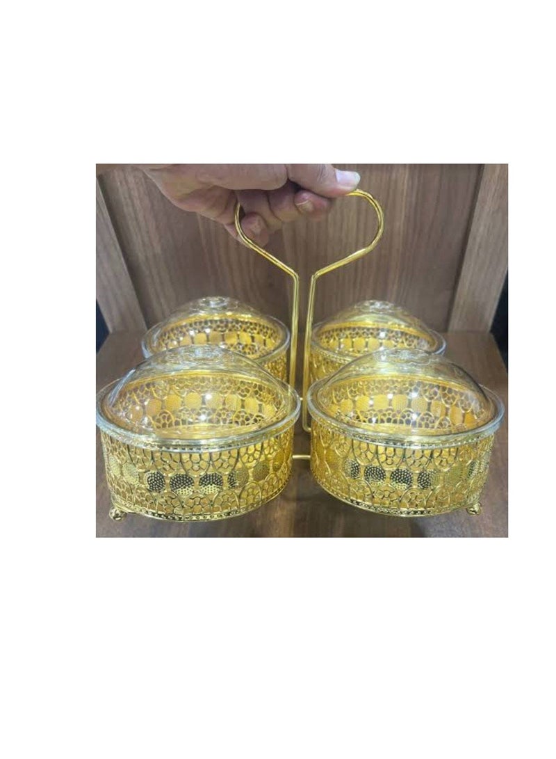 A very chic gold snack and sweets carrier for serving to your family and guests, with an acrylic cover and a crystal handle. A high-quality imported product.