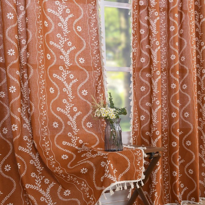 Schweek Boho Terracotta Curtains for Living Room 63 Inches Long Semi Sheer Linen Floral Curtains Vintage Farmhouse Window Curtain 2 Panel Sets for Dining Room Kitchen Rust Colored - Image 1