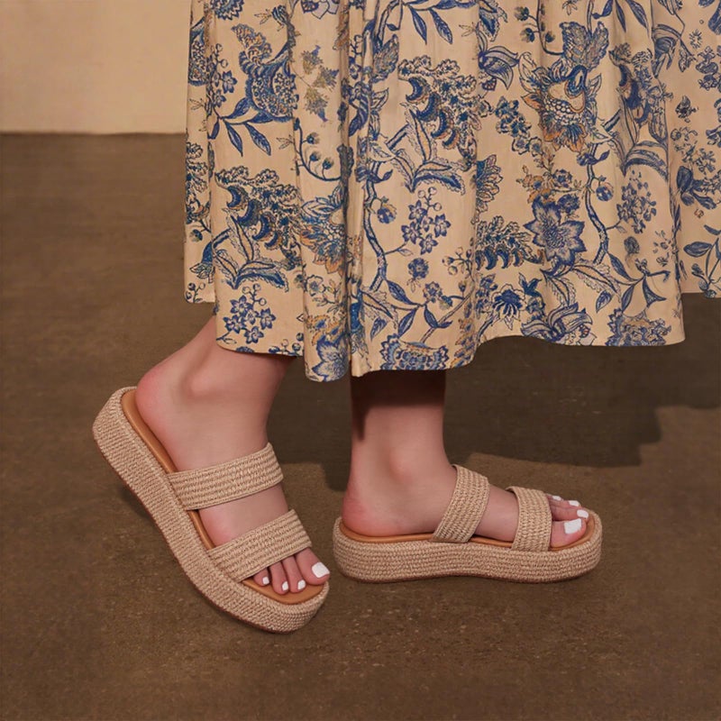 EQAUDES Raffia Platform Sandals for Women Slip on Summer Wedge Espadrilles Open Toe Dressy Vacation Shoes Cute Flatform Slides Beach Essentials - Image 4