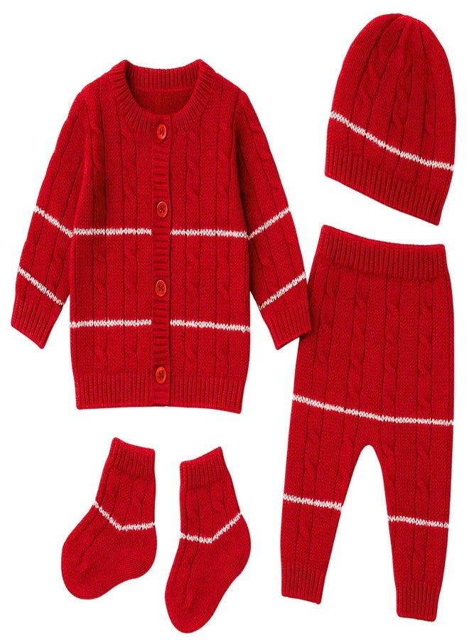 little PANDA Premium Baby Sweater Set for Winter | Woolen Long Sleeves Sweater, Full Pant, Cap & Socks Pair | Warm Knitted Wool Set for Baby Boys & Girls (IN, Age, 0 Months, 3 Months, Red) - Image 1