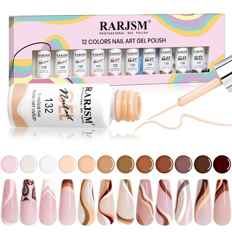 RARJSM Gel Paint for Nail Art Nude Liner Gel Nail Polish Set 12 Colors 5ml Pink Brown Line Art Gel Polish Build in Thin Sharp Brush for Swirl Nails Striping Painting Gelpolish Soak Off Curing Requires - Image 1