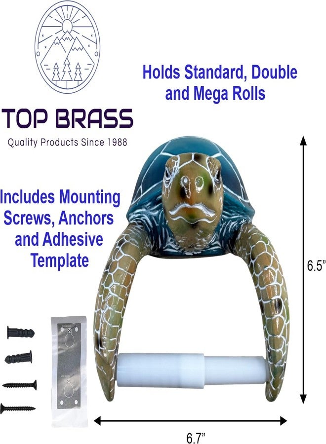 Top Brass Sea Turtle Wall Mount Toilet Paper Roll Holder Premium Bright Glossy Colorful Finsh - Nautical Coastal Bathroom Decor - Image 2