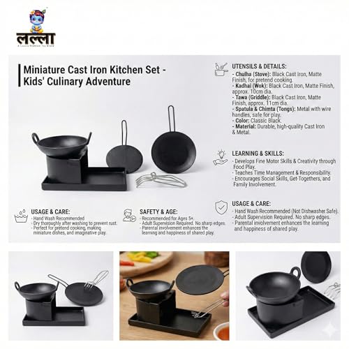 LALLA Pure Ironn Miniature Kitchen Set Real Cooking Miniature Kitchen Set Pretend Play Iron Set Real Cooking Set for Kids Real Cooking Iron Set (Multicolour) (Black, 6pcs (Small)) - Image 5