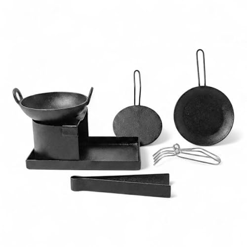 LALLA Pure Ironn Miniature Kitchen Set Real Cooking Miniature Kitchen Set Pretend Play Iron Set Real Cooking Set for Kids Real Cooking Iron Set (Multicolour) (Black, 6pcs (Small)) - Image 1