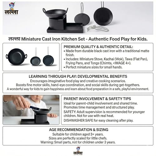 LALLA Pure Ironn Miniature Kitchen Set Real Cooking Miniature Kitchen Set Pretend Play Iron Set Real Cooking Set for Kids Real Cooking Iron Set (Multicolour) (Black, 6pcs (Small)) - Image 3