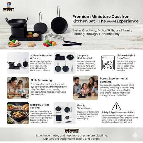 LALLA Pure Ironn Miniature Kitchen Set Real Cooking Miniature Kitchen Set Pretend Play Iron Set Real Cooking Set for Kids Real Cooking Iron Set (Multicolour) (Black, 6pcs (Small)) - Image 4
