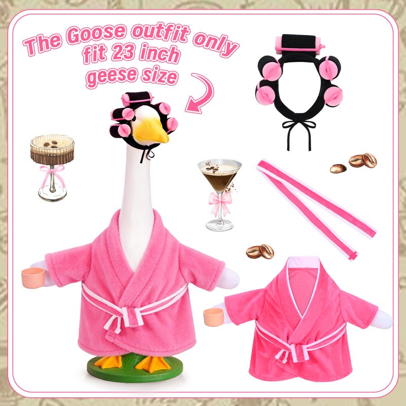 JcHrmers Old Lady Porch Goose Outfits for 23'' Cement or Plastic Lawn Goose Statue Costume Bathrobe Coffee Cup Curlers for Outdoor Yard Garden Patio Decor (Pink) - Image 2