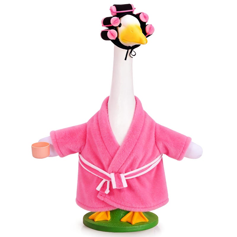 JcHrmers Old Lady Porch Goose Outfits for 23'' Cement or Plastic Lawn Goose Statue Costume Bathrobe Coffee Cup Curlers for Outdoor Yard Garden Patio Decor (Pink) - Image 1