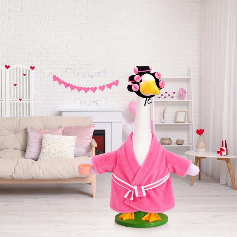 JcHrmers Old Lady Porch Goose Outfits for 23'' Cement or Plastic Lawn Goose Statue Costume Bathrobe Coffee Cup Curlers for Outdoor Yard Garden Patio Decor (Pink) - Image 4