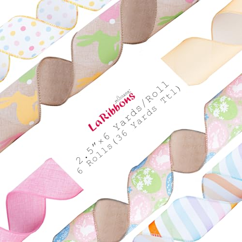 LaRibbons Easter Ribbon Wired 6 Rolls 2.5 Inch x 36 Yards TTL, Eggs and Bunny Easter Ribbons for Baskets, Striped and Polka Dot Wide Ribbons for Crafts Spring Wreath Gift Wrapping Bow Decoration - Image 5