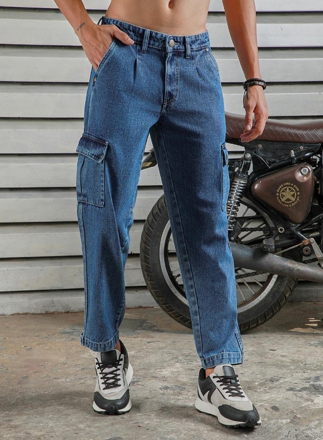 HIGH STAR Men's Indigo 100% Cotton Bleached Full Length Tapered Fit Jeans - Image 2