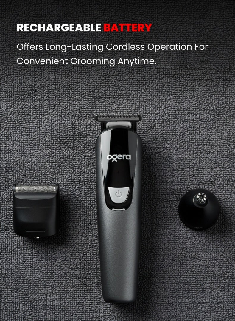 أوجيرا طقم العناية 8 في 1 القابل لإعادة الشحن – ماكينة حلاقة احترافية متعددة الوظائف مع ملحقات للّحية والأنف والأذن والجسم، شفرات ستانلس ستيل دقيقة، بطارية قابلة لإعادة الشحن، تشغيل منخفض الضوضاء – موديل OG2004HT، أسود - Image 4