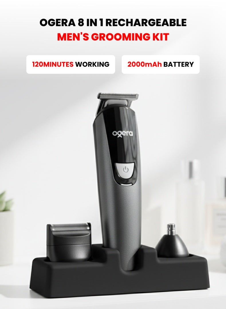 أوجيرا طقم العناية 8 في 1 القابل لإعادة الشحن – ماكينة حلاقة احترافية متعددة الوظائف مع ملحقات للّحية والأنف والأذن والجسم، شفرات ستانلس ستيل دقيقة، بطارية قابلة لإعادة الشحن، تشغيل منخفض الضوضاء – موديل OG2004HT، أسود - Image 1
