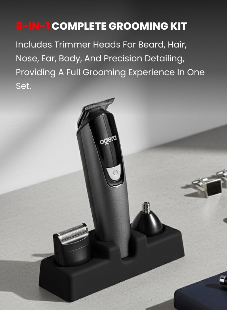 أوجيرا طقم العناية 8 في 1 القابل لإعادة الشحن – ماكينة حلاقة احترافية متعددة الوظائف مع ملحقات للّحية والأنف والأذن والجسم، شفرات ستانلس ستيل دقيقة، بطارية قابلة لإعادة الشحن، تشغيل منخفض الضوضاء – موديل OG2004HT، أسود - Image 2