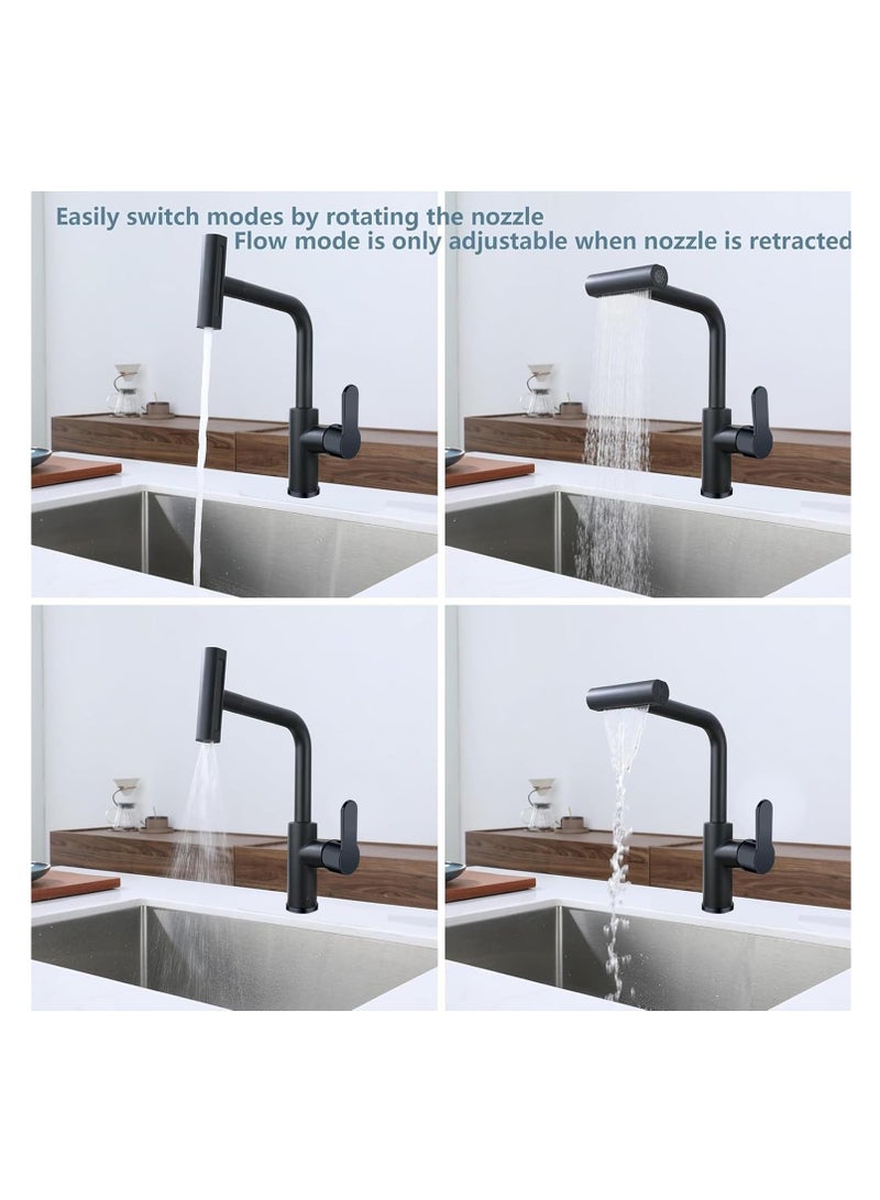 Matte Black Waterfall Kitchen Faucet with Pull Out Sprayer 360° Swivel Single Handle 4 Modes Stainless Steel 1 Hole Sink Mixer Tap Anti Splash Hot Cold Water - Image 4