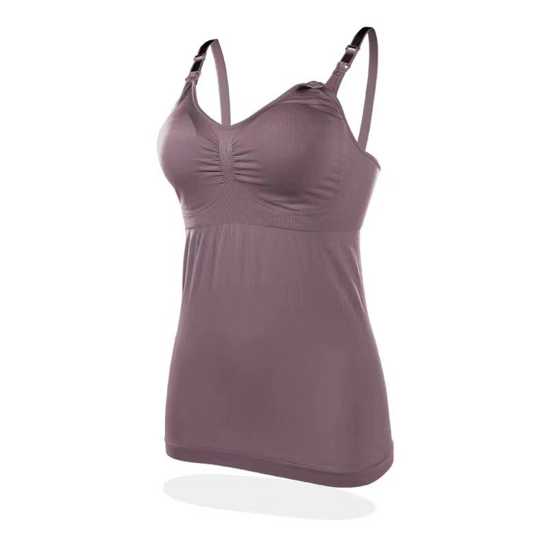 Slim-fit High-elastic Vest Breastfeeding Top Buckle Breastfeeding Pregnant Womens Bra Underwear Camisole No Rings with Cushion Bean paste purple