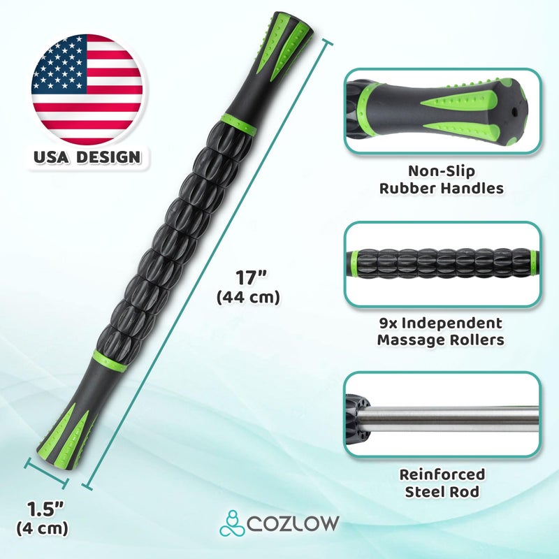 COZLOW Muscle Roller Stick - Black Green - Body Massage Tool w/ 9 Rollers & Non-Slip Handles for Deep Tissue Massage & Maximum Muscle Recovery - by Cozlow - Image 5