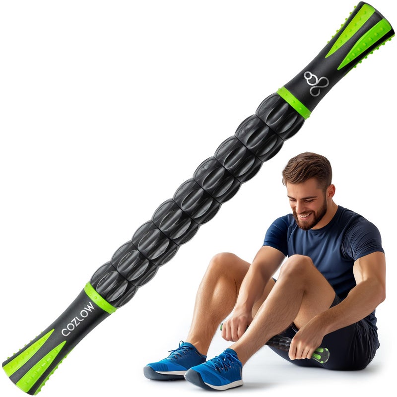 COZLOW Muscle Roller Stick - Black Green - Body Massage Tool w/ 9 Rollers & Non-Slip Handles for Deep Tissue Massage & Maximum Muscle Recovery - by Cozlow - Image 1