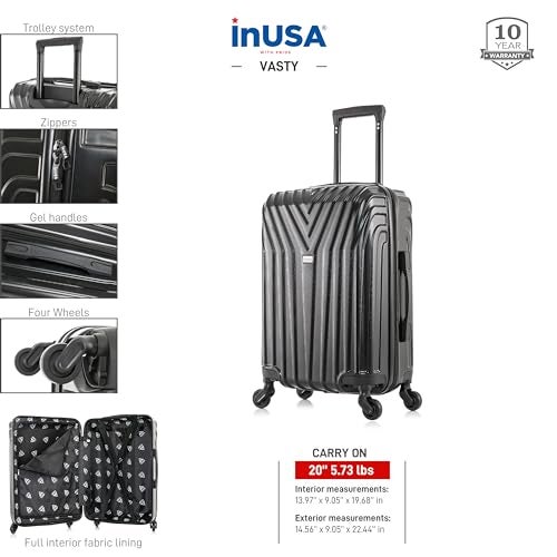 InUSA VASTY Luggage with Spinner Wheels | Durable Lightweight Hardshell Suitcase, Travel Bag with Handle and Trolley, 20-Inch Carry On Small Luggage | Black - Image 3