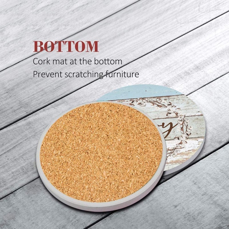 Bribay Coasters for Drinks Set of 6, Farmhouse Wood Home Love Blessed Happy Saying Absorbent Round Ceramic Stone Mat, with Cork Base and Metal Holder, Gift for Housewarming Room Bar Decor - Image 5